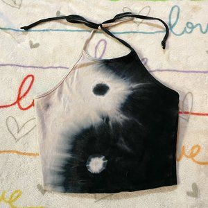 Gray White Tie Dye Ying YangccHalter Cropped Crop Top Shirt Womans sz Small